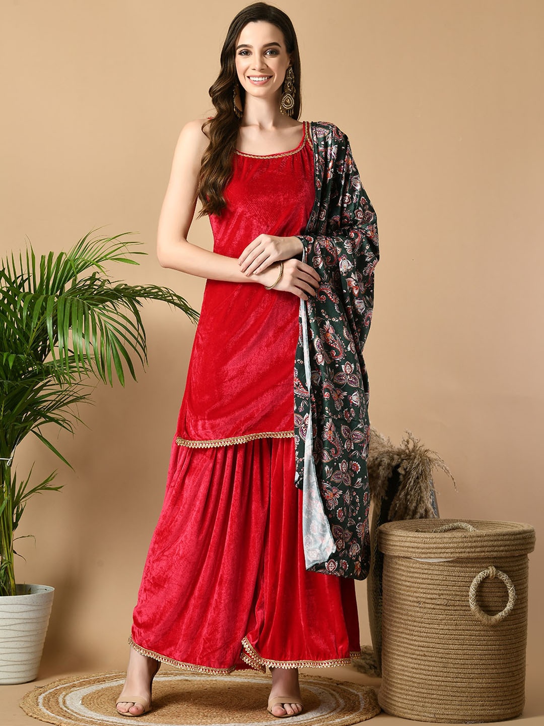 

Sangria Pink & Navy Blue Shoulder Straps Velvet Kurta with Palazzo & Dupatta