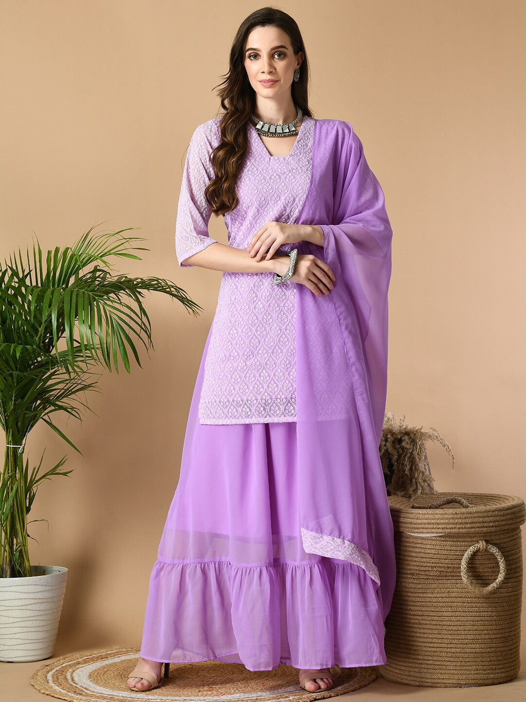 

Sangria Ethnic Motifs Embroidered Kurti with Skirt & Dupatta Set, Purple