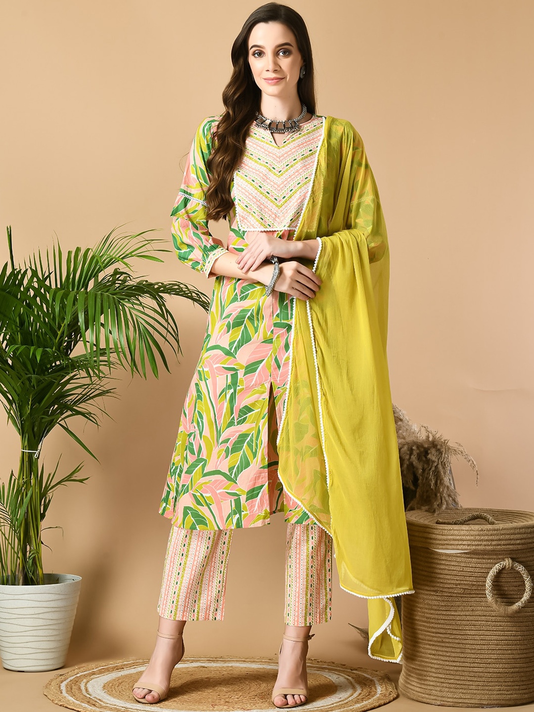 

Sangria Ethnic Motifs Printed Front Slit A-Line Pure Cotton Kurta with Trousers & Dupatta, Green