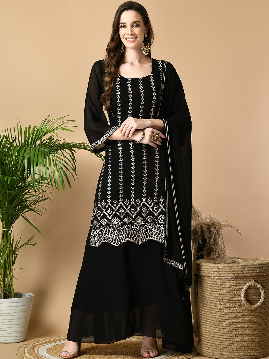 

Sangria Ethnic Motifs Embellished Georgette Kurta with Skirt & Dupatta, Black