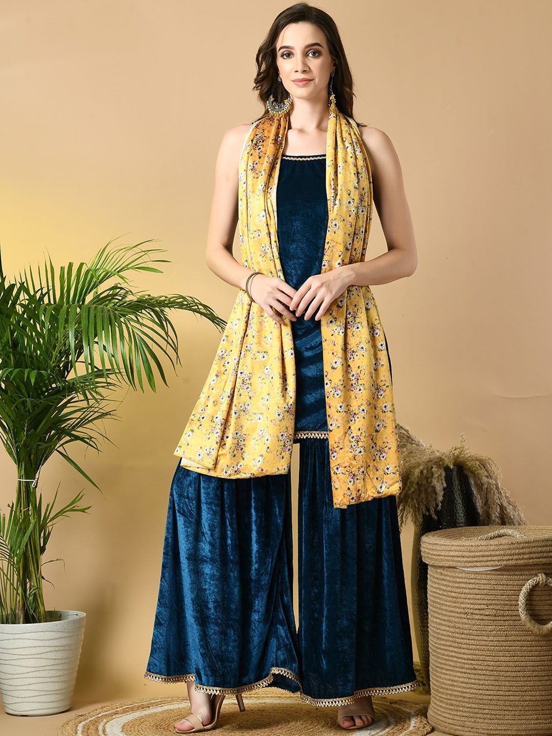 

Sangria Teal & Yellow Shoulder Straps Velvet Kurta with Palazzo & Dupatta