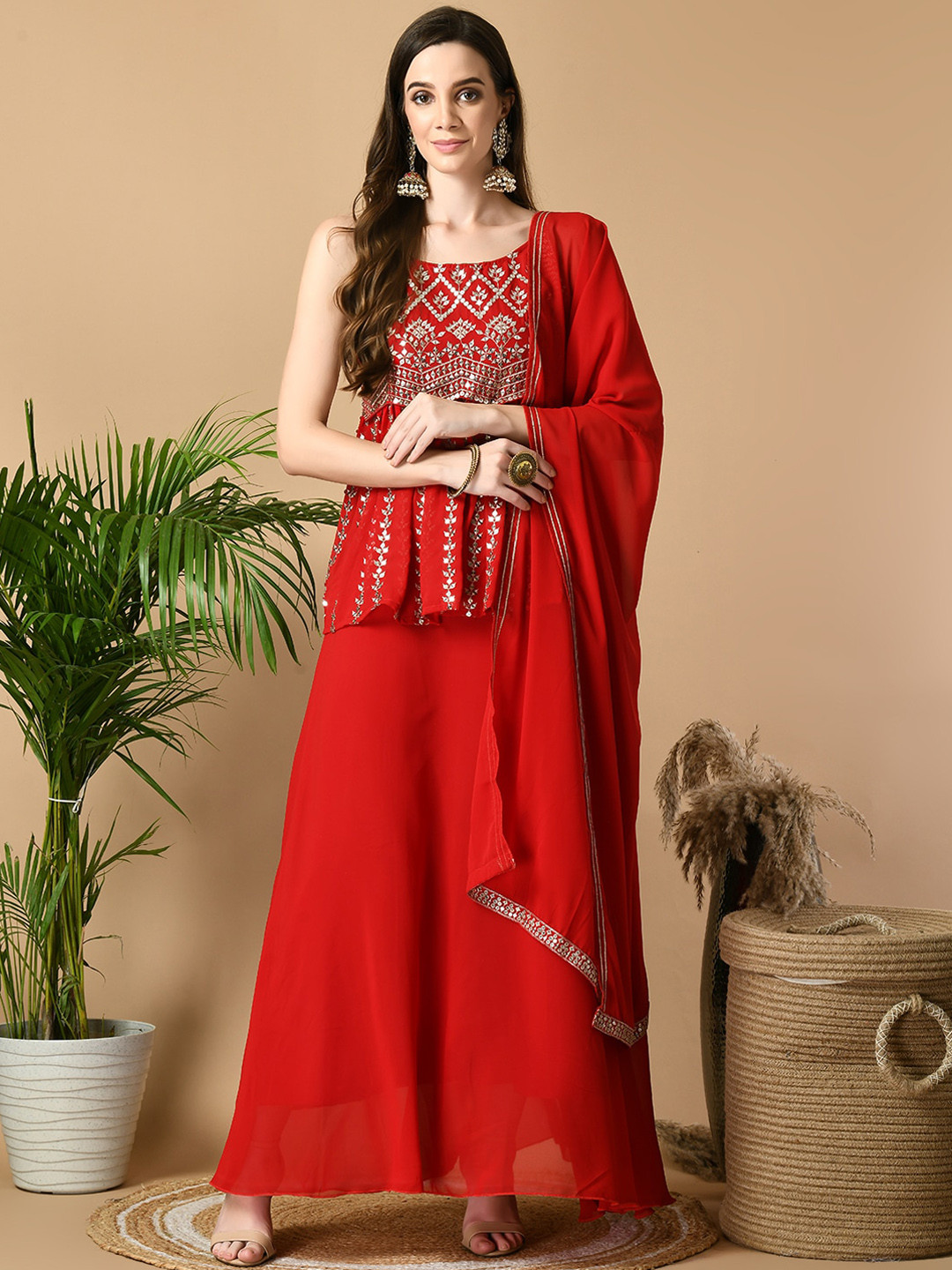 

Sangria Ethnic Motifs Embroidered Top With Skirt & Dupatta, Red