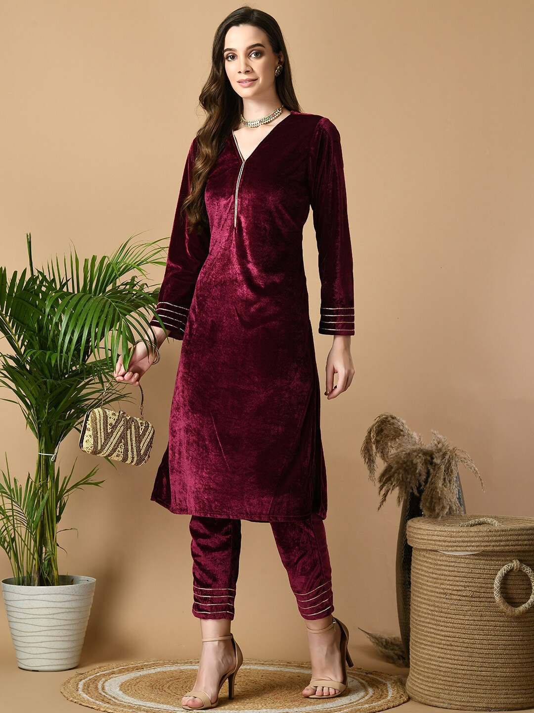 

Sangria Maroon V-Neck Straight Velvet Kurta with Trousers