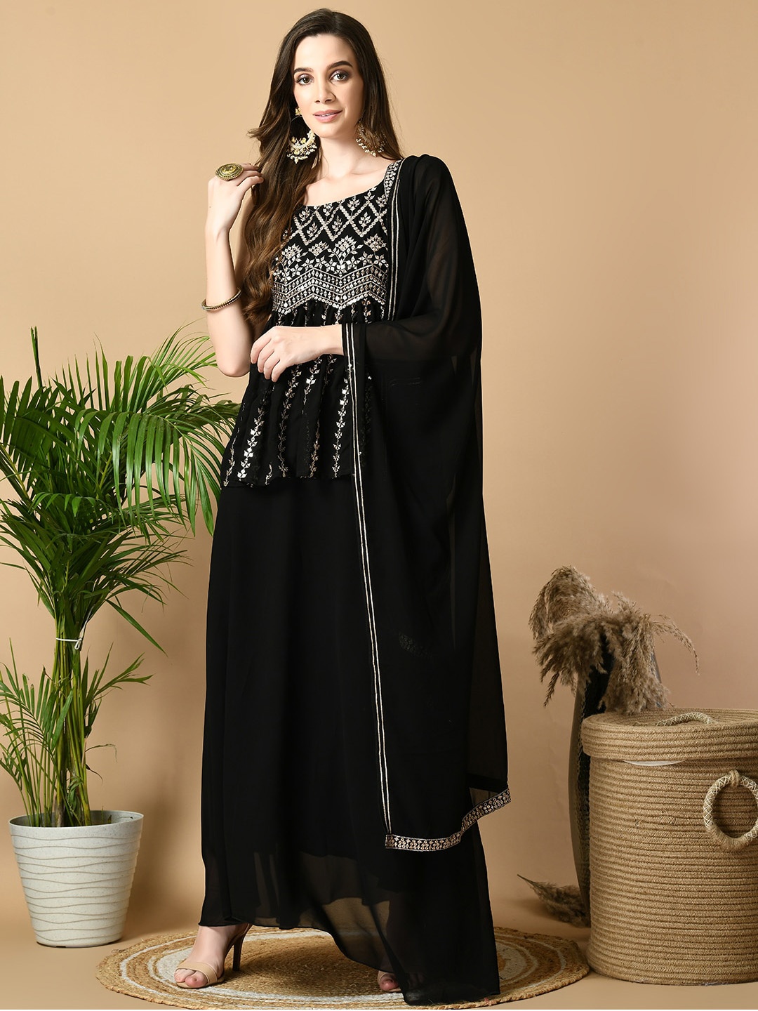 

Sangria Ethnic Motifs Embroidered Top With Skirt & Dupatta, Black
