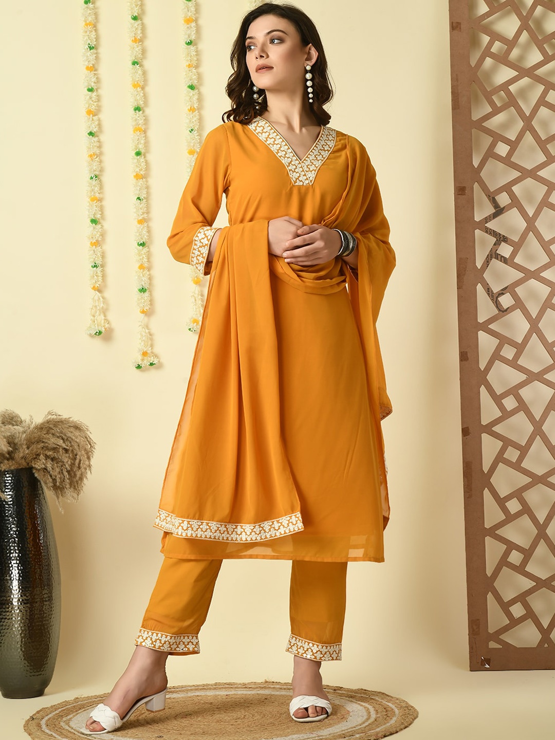 

Sangria V-Neck Georgette Straight Kurta with Trousers & Dupatta, Mustard