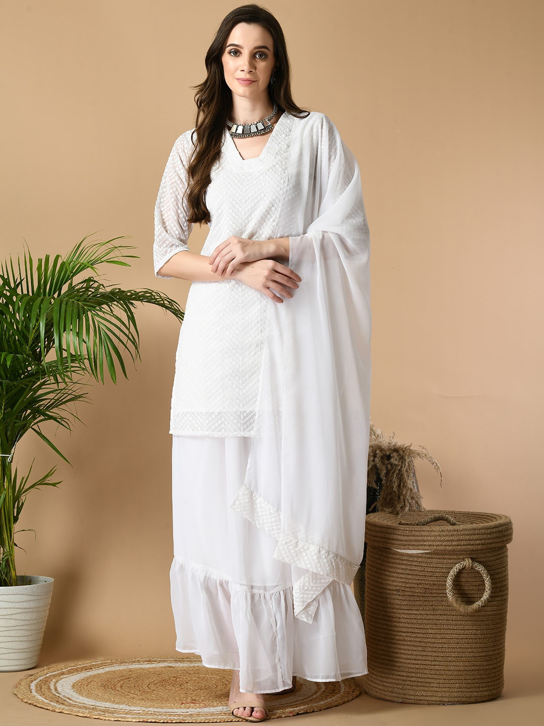

Sangria White Embroidered Kurta with Skirt & With Dupatta