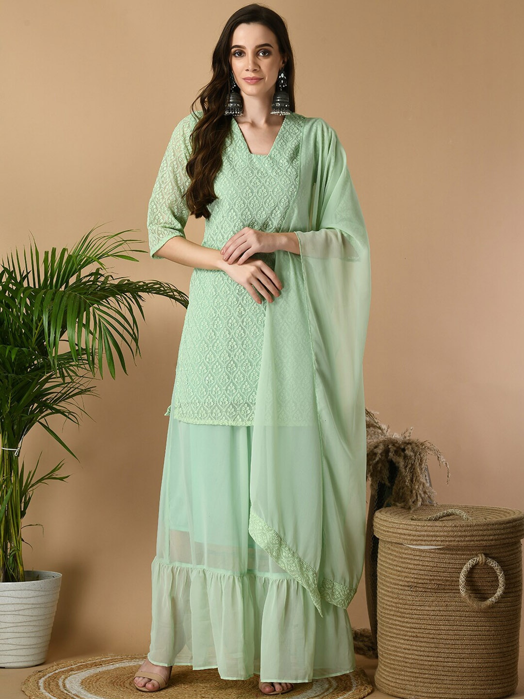 

Sangria Women Ethnic Motifs Embroidered Georgette Kurta with Sharara & Dupatta, Green