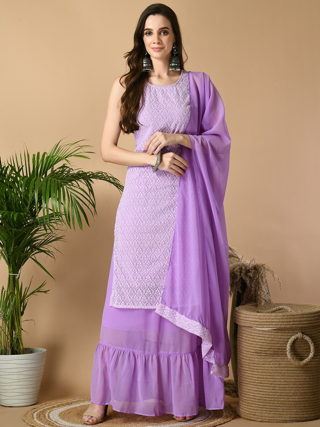 

Sangria Floral Embroidered Straight Georgette Kurta With Skirt & Dupatta, Purple