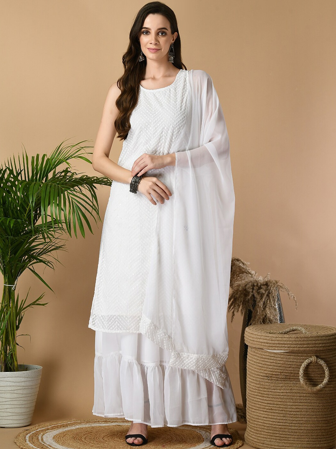 

Sangria White Chevron Embroidered Sequinned Straight Kurta with Sharara & Dupatta
