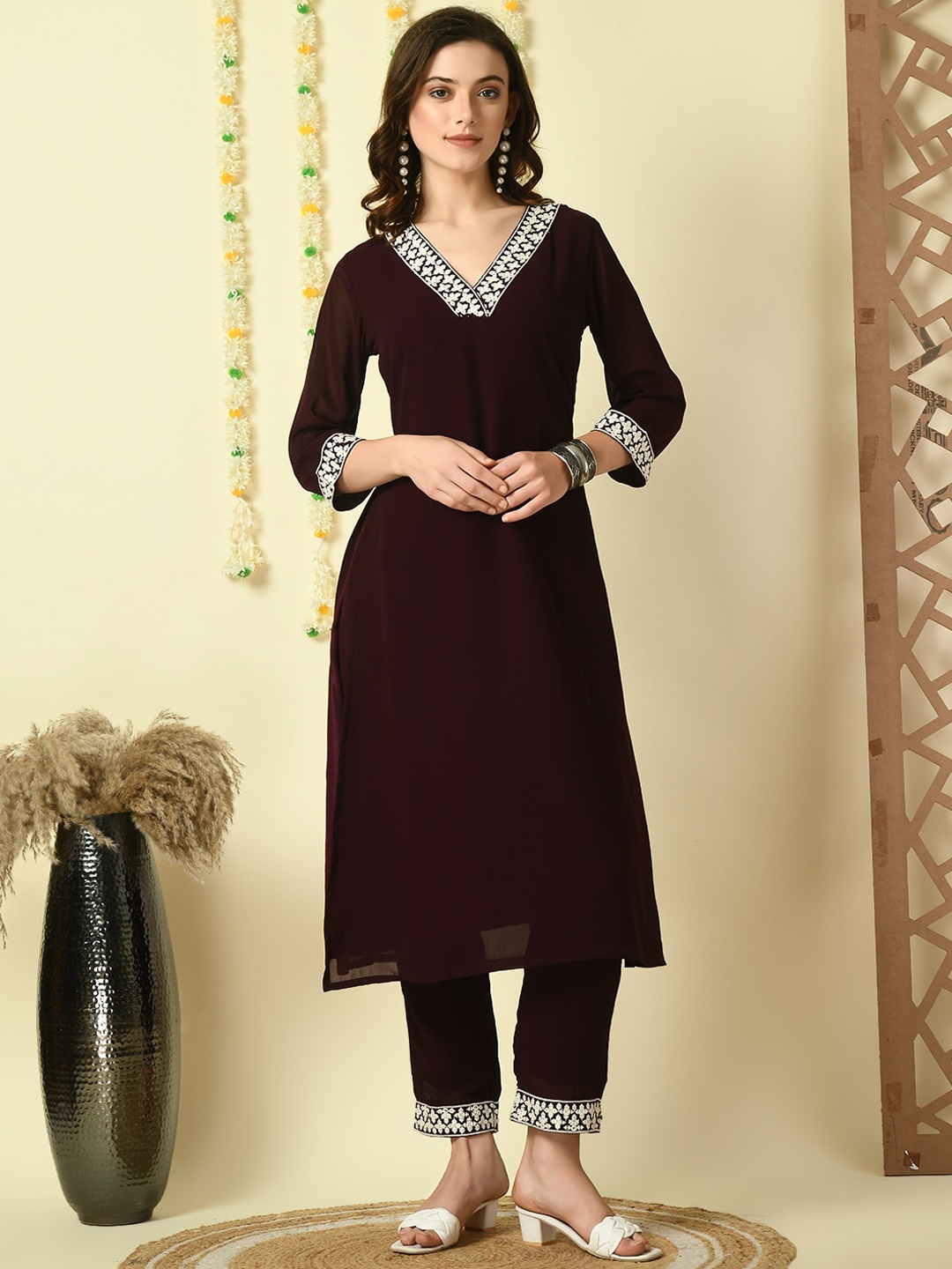 

Sangria Coffee Brown Floral Yoke Design V-Neck A-Line Kurta with Trouser