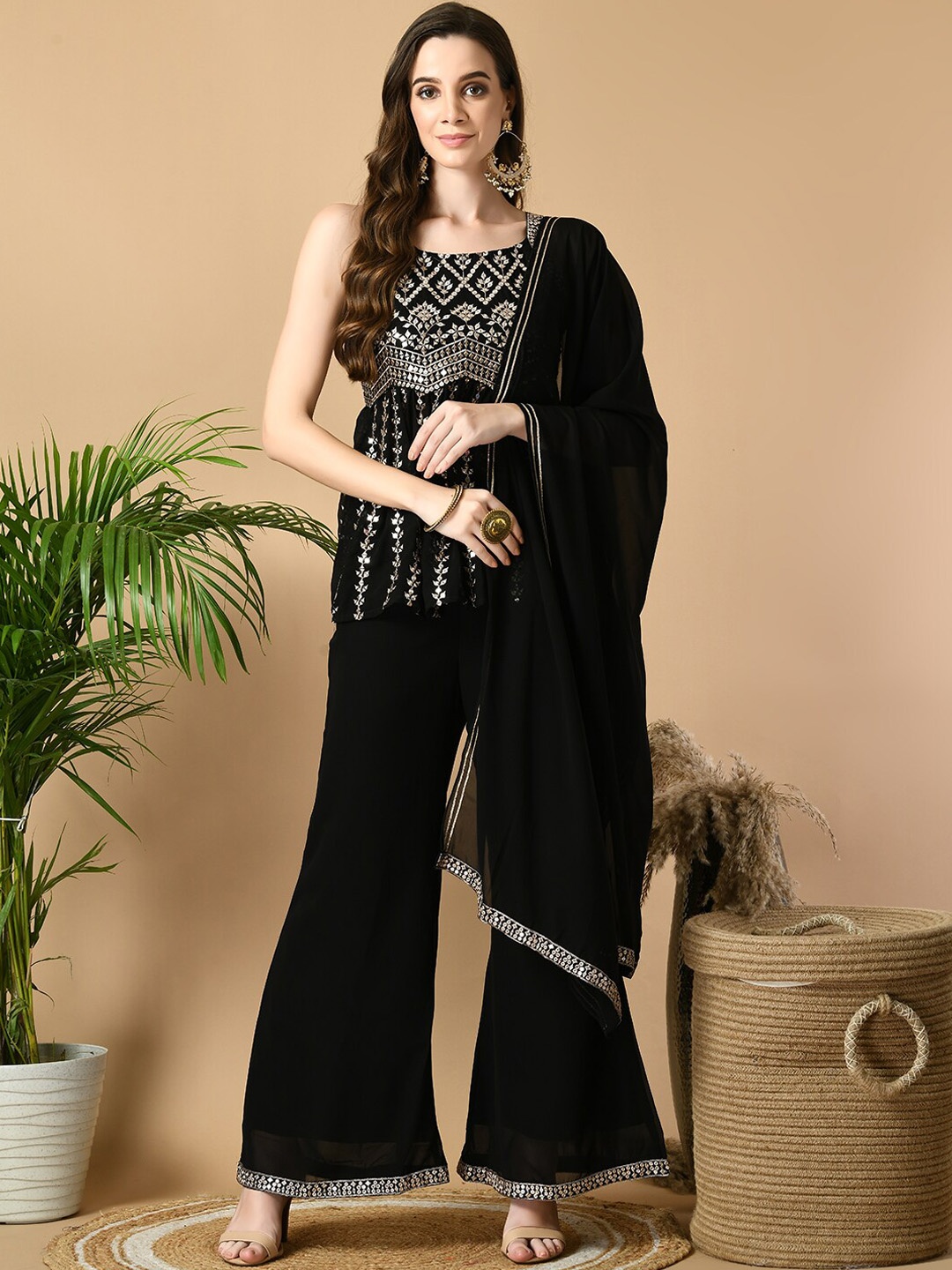 

Sangria Ethnic Motifs Embroidered Kurti with Pyjamas & Dupatta, Black