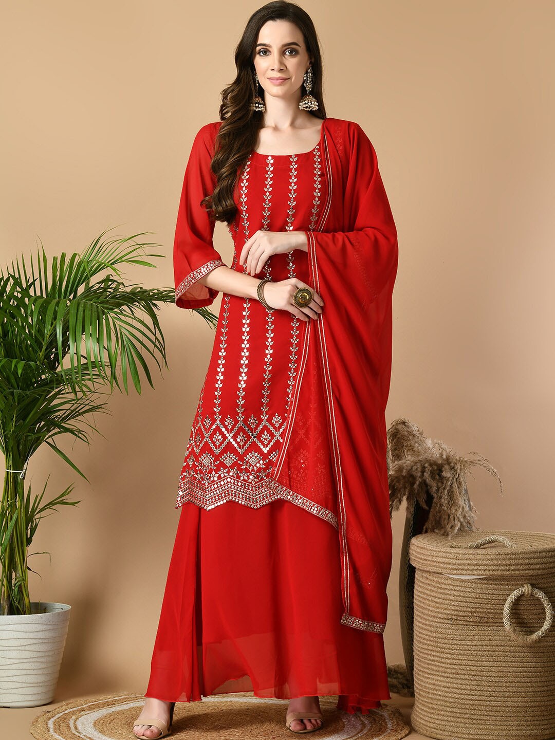 

Sangria Round Neck Mirror Work Kurta With Skirt & Dupatta, Red