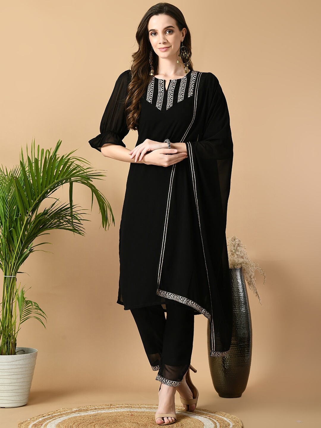 

Sangria Geometric Yoke Design Georgette Kurta With Salwar & Dupatta, Black