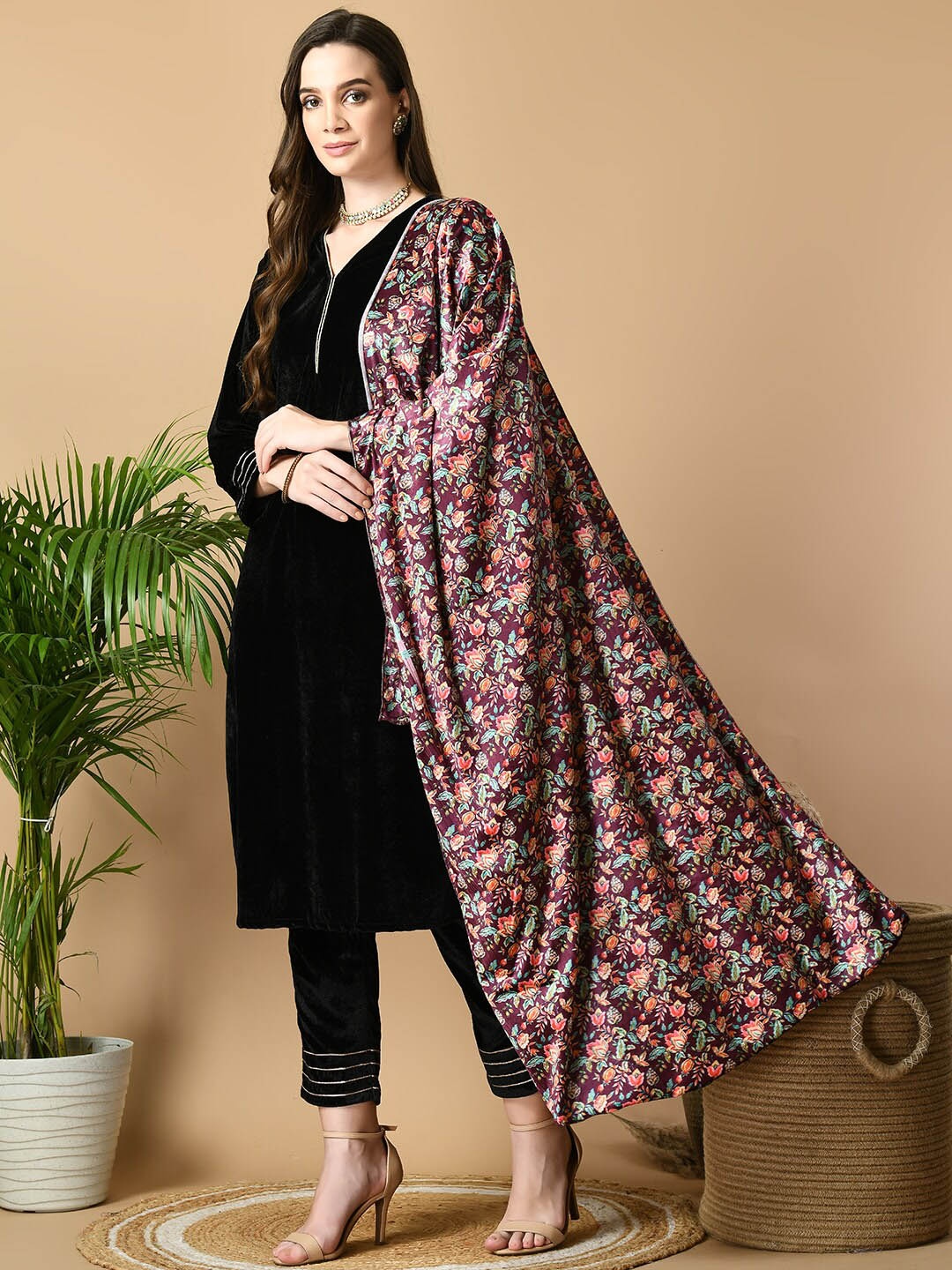 

Sangria Maroon V-Neck Straight Velvet Kurta with Trousers With Dupatta, Black