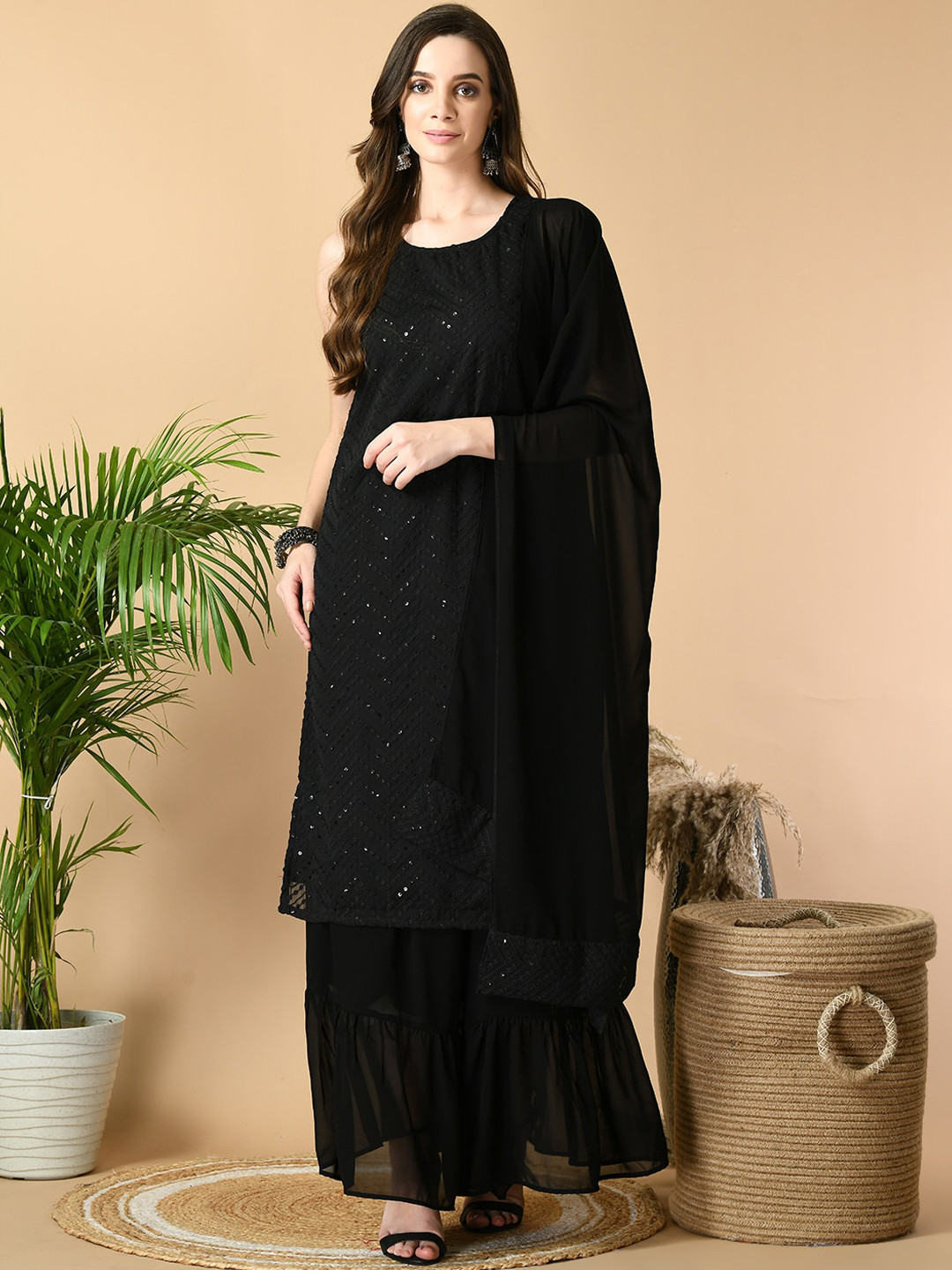 

Sangria Black Embroidered Kurta with Skirt & With Dupatta