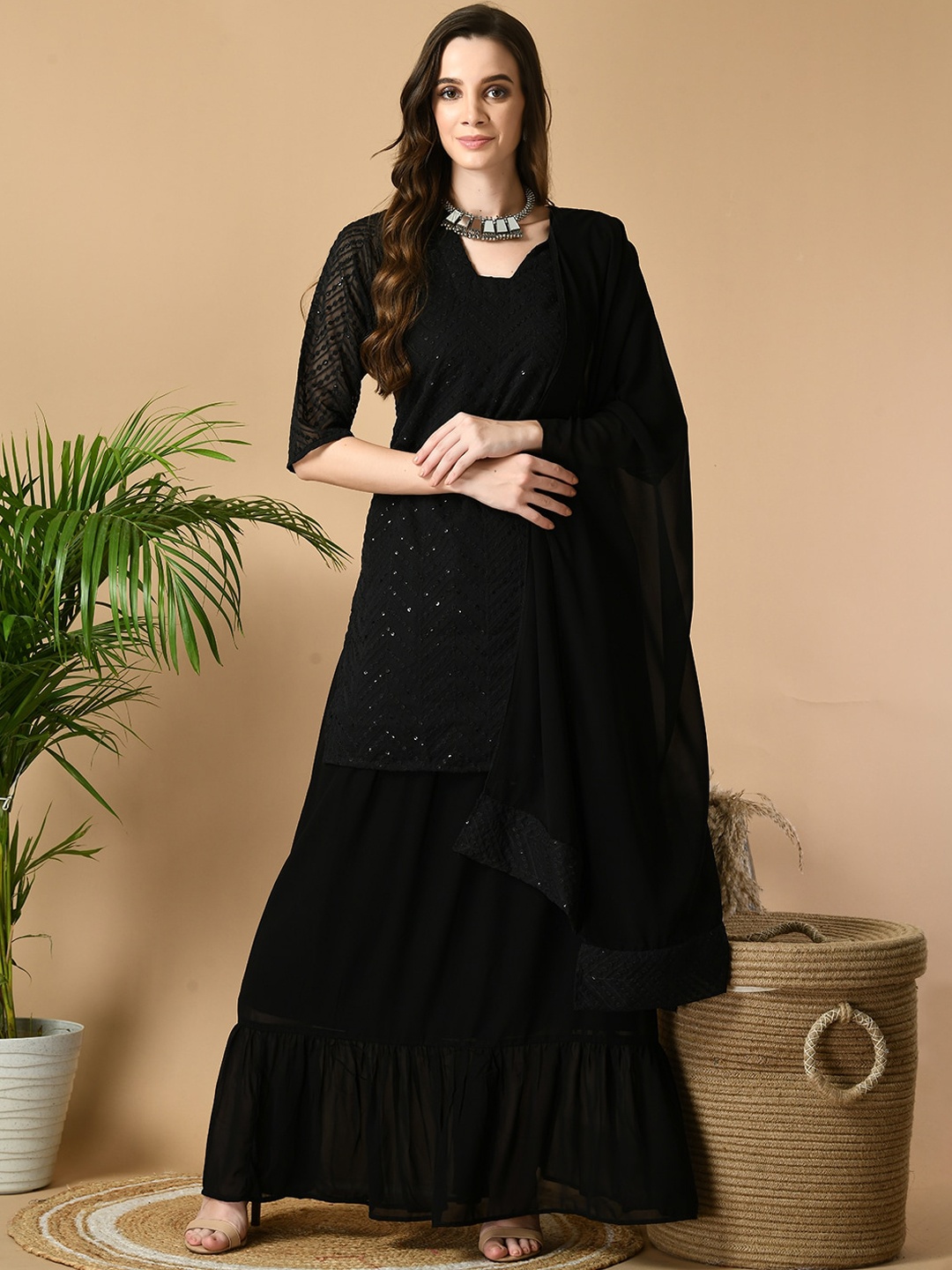 

Sangria Black Embroidered Kurta with Skirt & With Dupatta