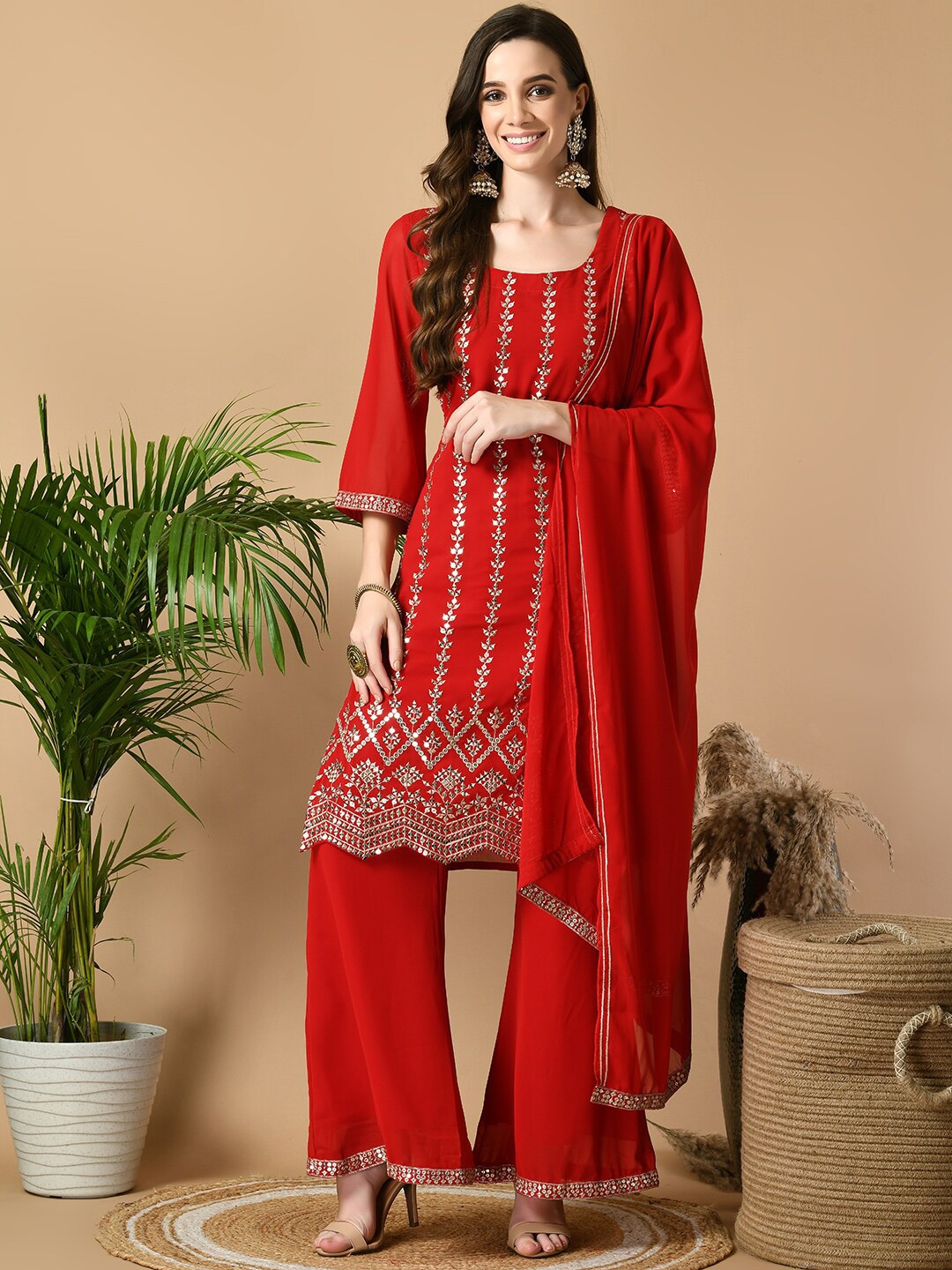 

Sangria Red Ethnic Motifs Embroidered Sequinned Georgette Kurta with Palazzos & Dupatta