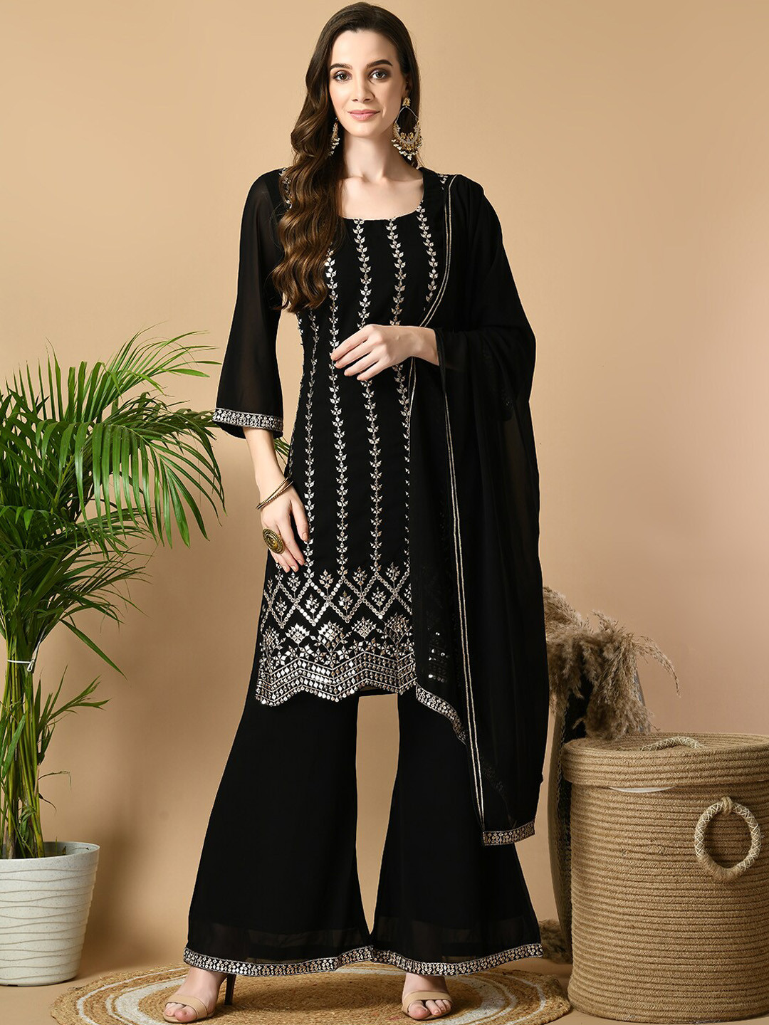 

Sangria Ethnic Motifs Embroidered Sequinned Straight Kurta with Palazzos & Dupatta, Black