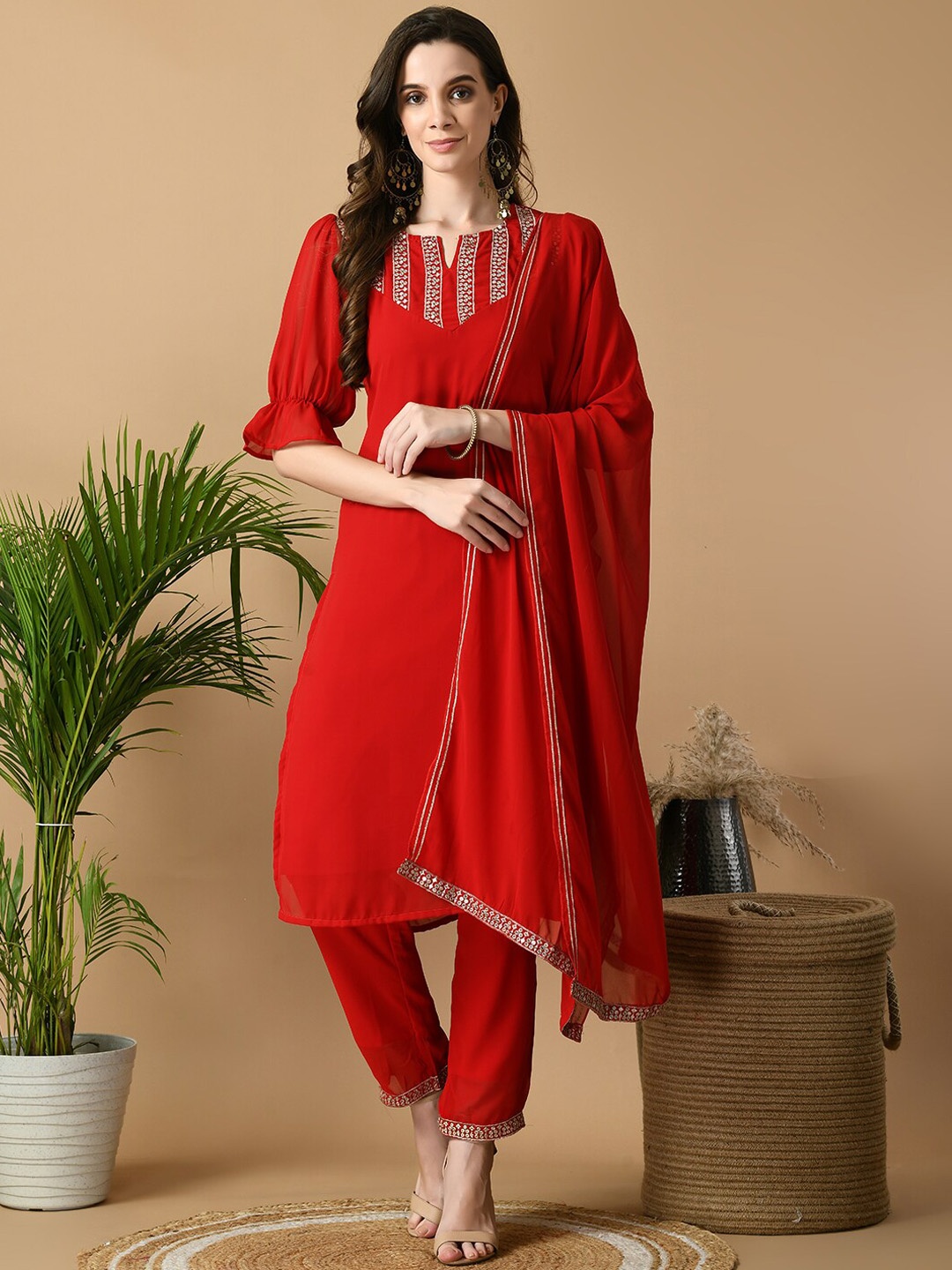 

Sangria Red Geometric Yoke Design Sequinned Straight Kurta with Trouser & Dupatta