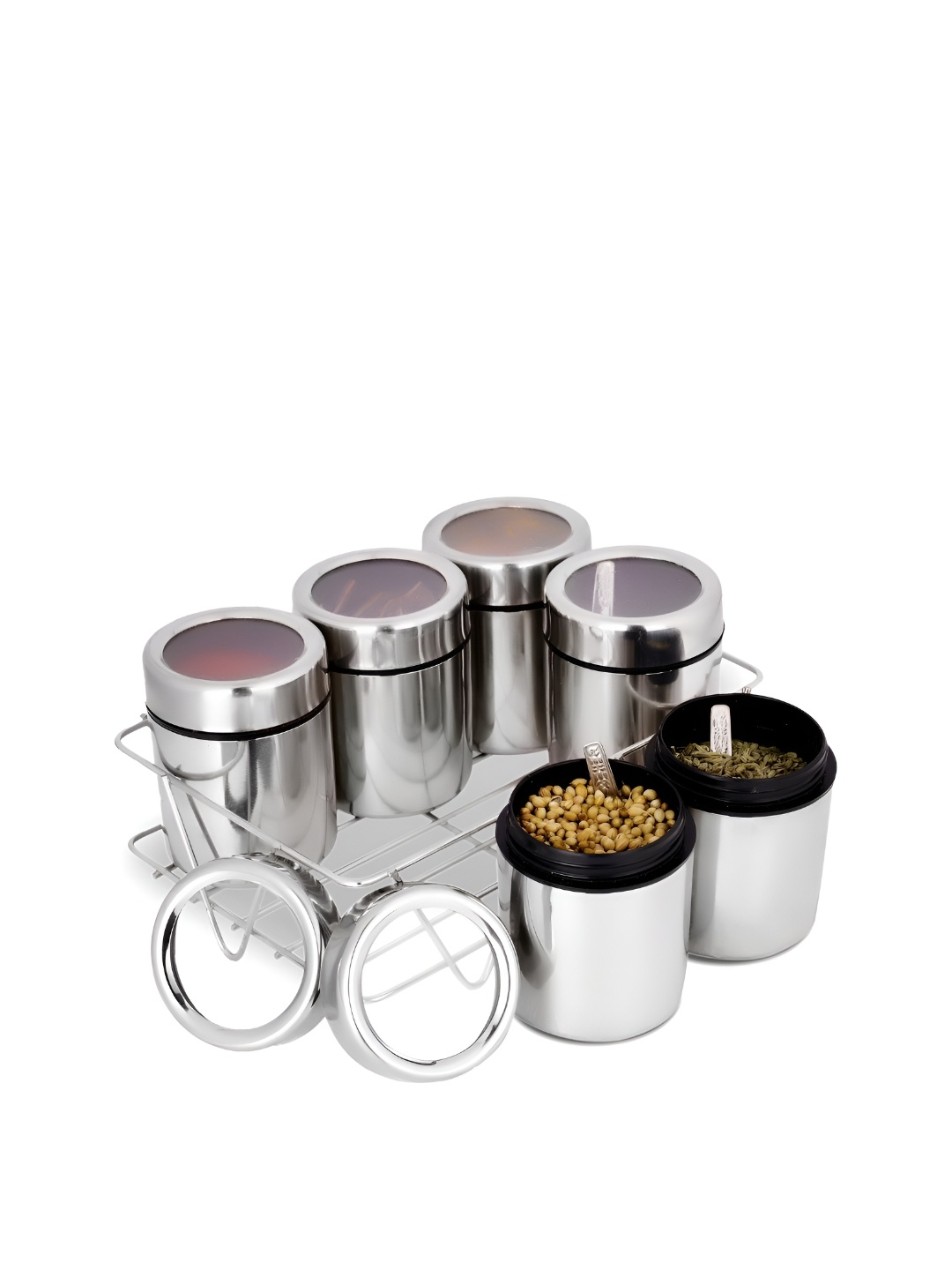 

ATROCK Silver Toned 6 Pieces solid Stainless Steel Dishwasher Safe Spice Box With Stand