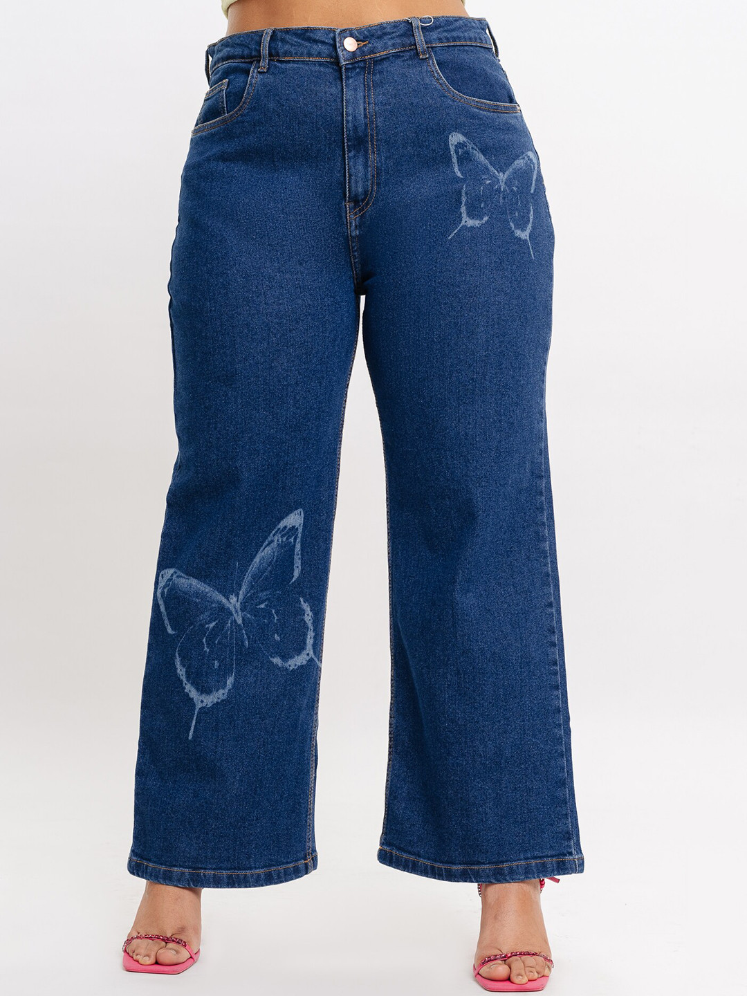 

FREAKINS Women Plus Size Butterfly Printed Straight Fit High-Rise Stretchable Jeans, Blue