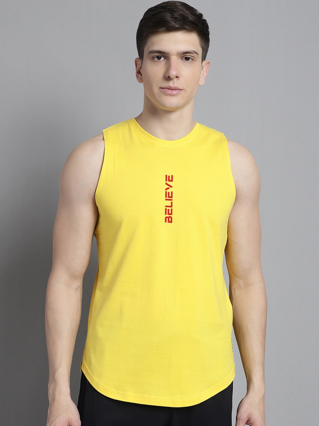 

FBAR Printed Bio-Wash Pure Cotton High Low Gym Vest, Yellow