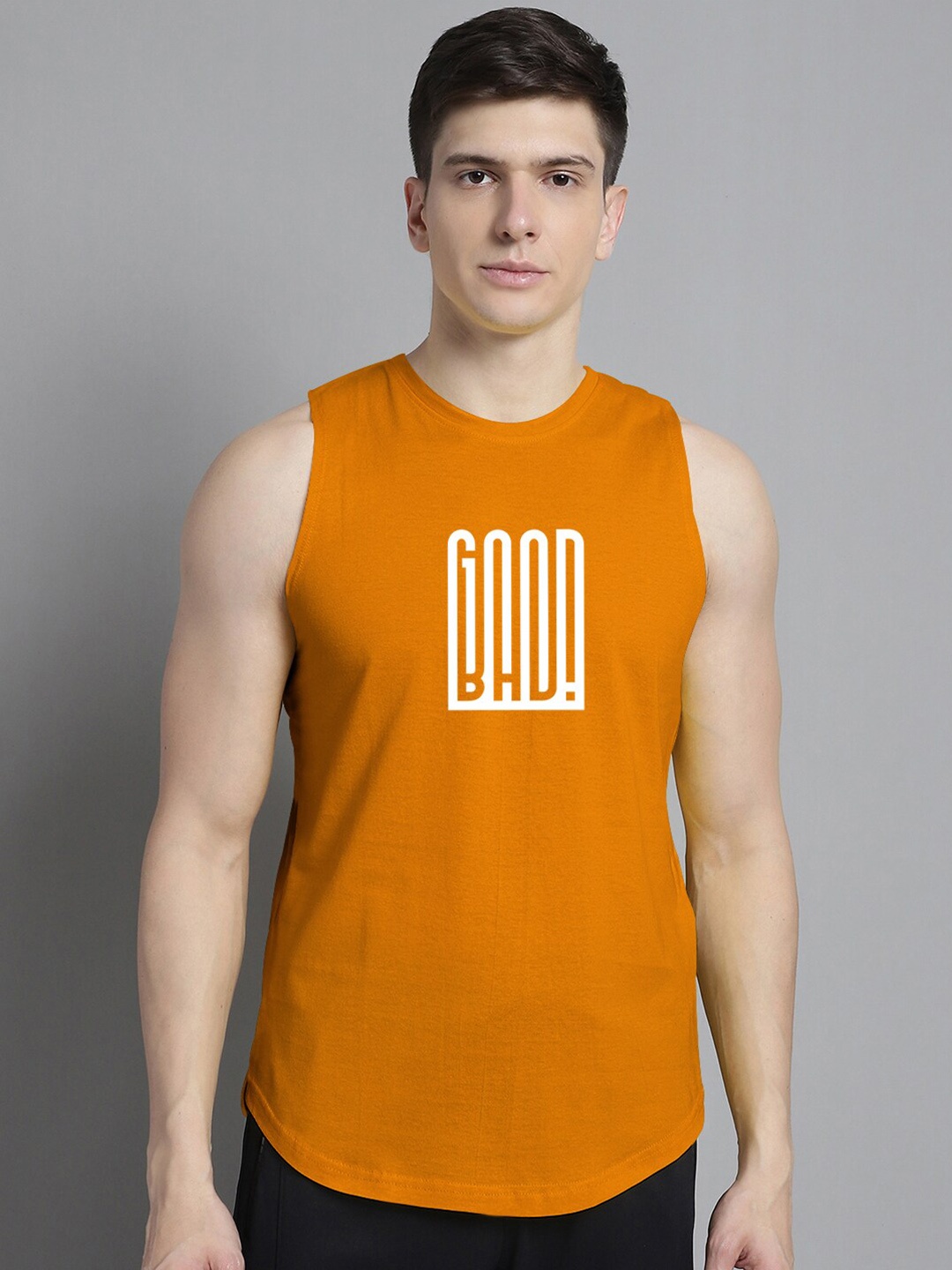 

FBAR Typography Printed Bio-Wash Pure Cotton Gym Innerwear Vest, Mustard