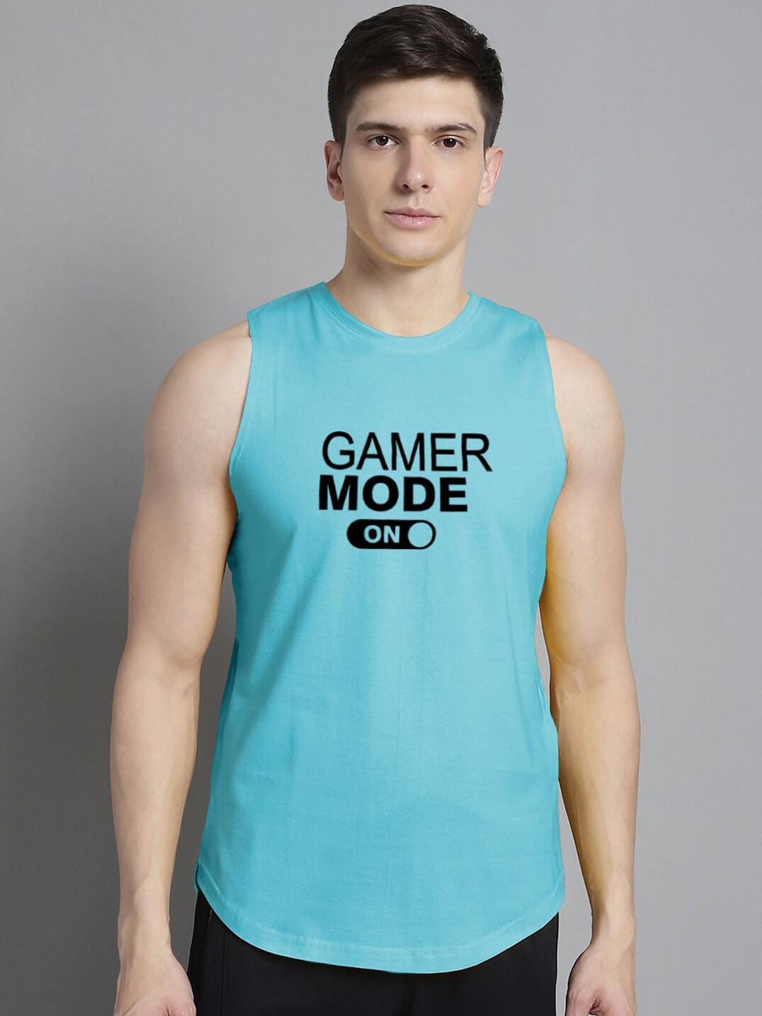

FBAR Printed Pure Cotton Sleeveless Gym Vest, Turquoise blue