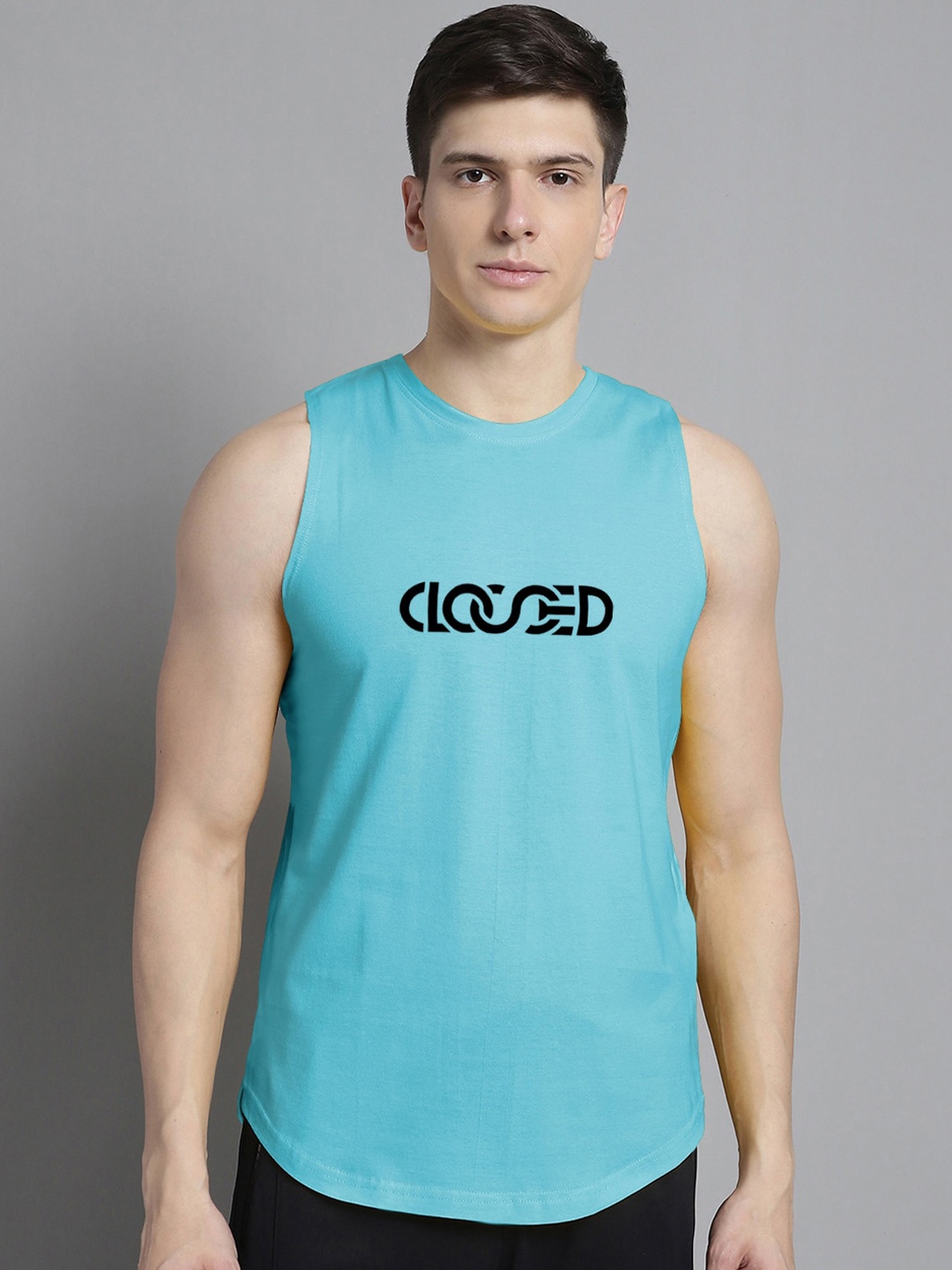 

FBAR Typography Printed Bio-Wash Purre Cotton Gym Vest, Turquoise blue