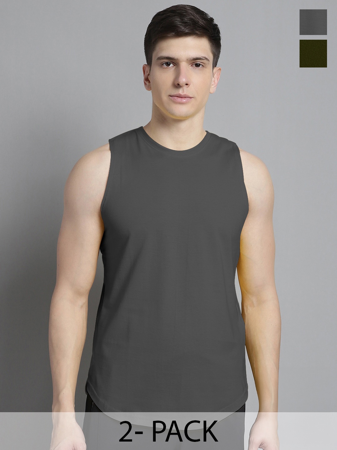 

FBAR Pack of 2 Bio-Wash Pure Cotton Innerwear Gym Vests, Olive