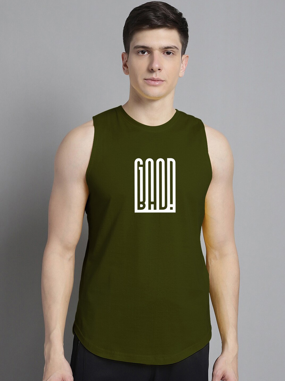 

FBAR Typography Printed Sleeveless Bio Wash Pure Cotton Innerwear Gym Vests, Olive