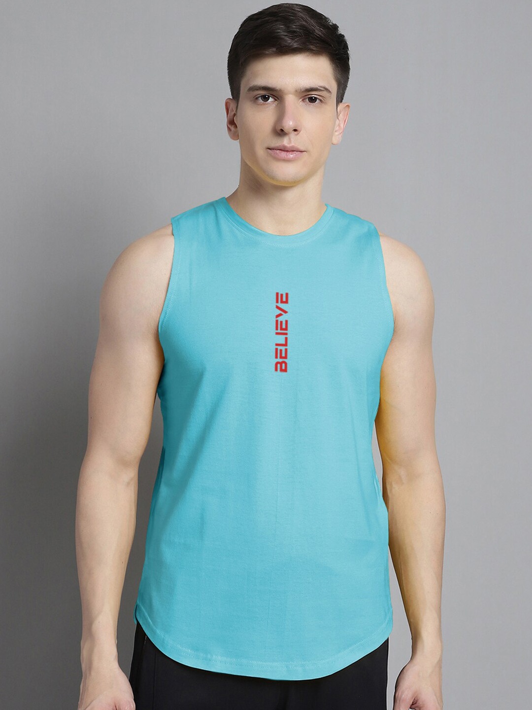 

FBAR Printed Sleeveless Bio-Wash Pure Cotton Gym Vest, Turquoise blue