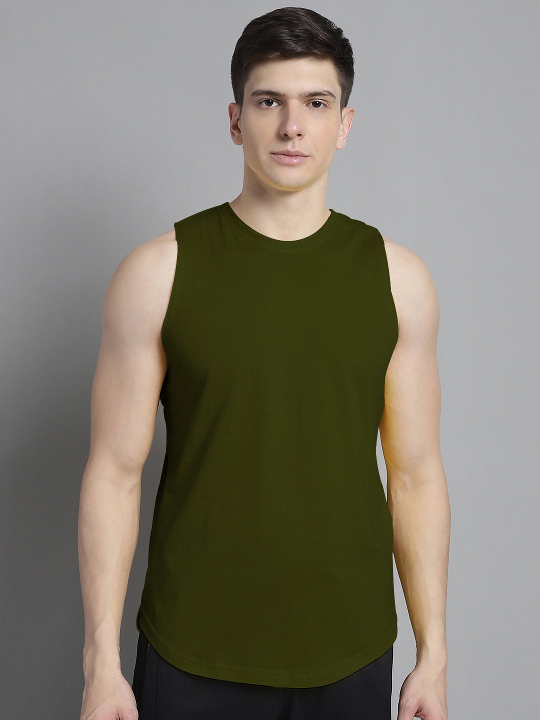 

FBAR Round Neck Sleeveless Bio Wash Pure Cotton Gym Vest, Olive