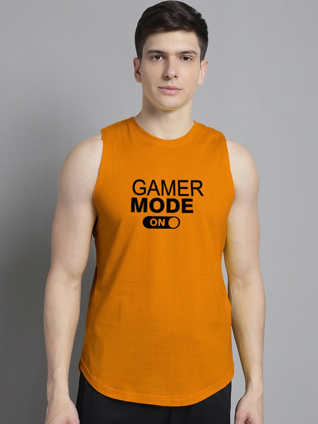 

FBAR Typography Printed Bio-Wash Pure Cotton Gym Vest, Mustard