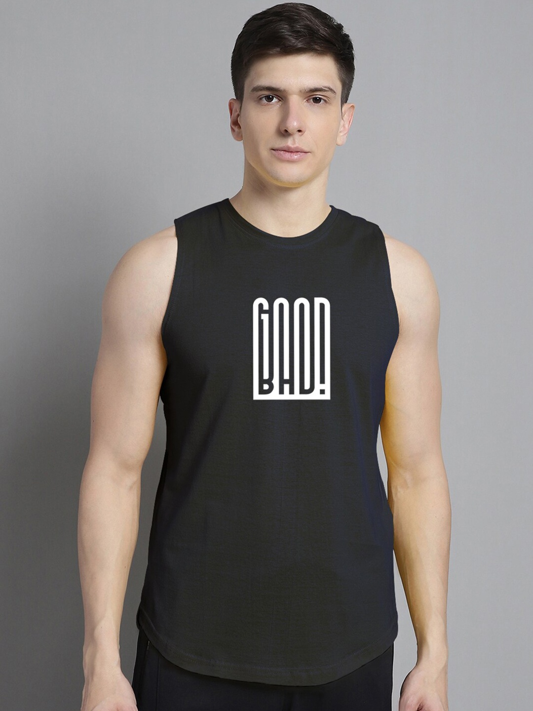 

FBAR Typhography Printed Bio Wash Pure Cotton Sleeveless Gym Vests, Black