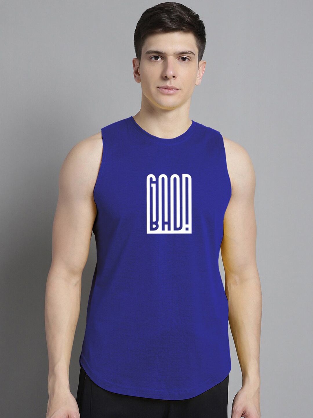 

FBAR Typography Printed Sleeveless Bio Wash Pure Cotton Innerwear Gym Vests, Blue