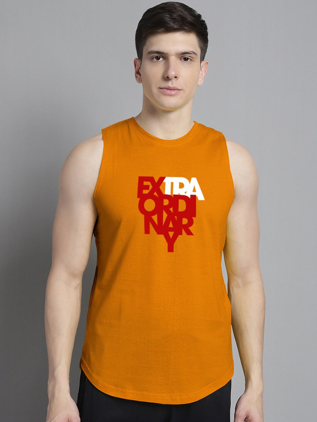 

FBAR Typography Printed Pure Cotton Sleeveless Gym Vests, Mustard
