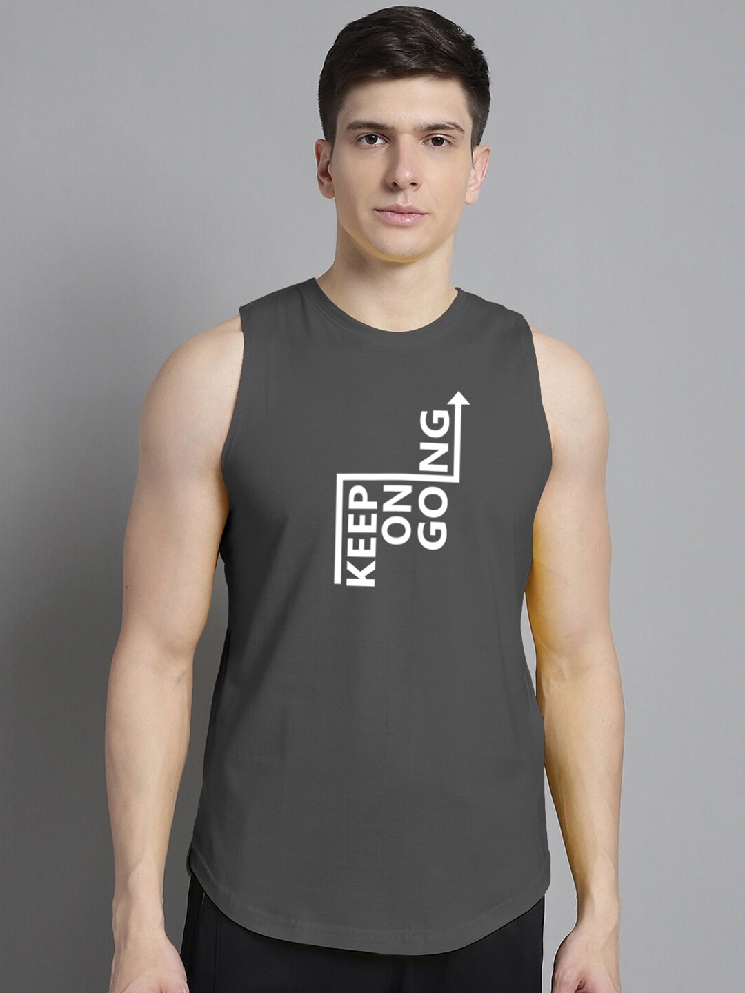 

FBAR Typography Printed Bio-Wash Pure Cotton Innerwear Gym Vest, Grey