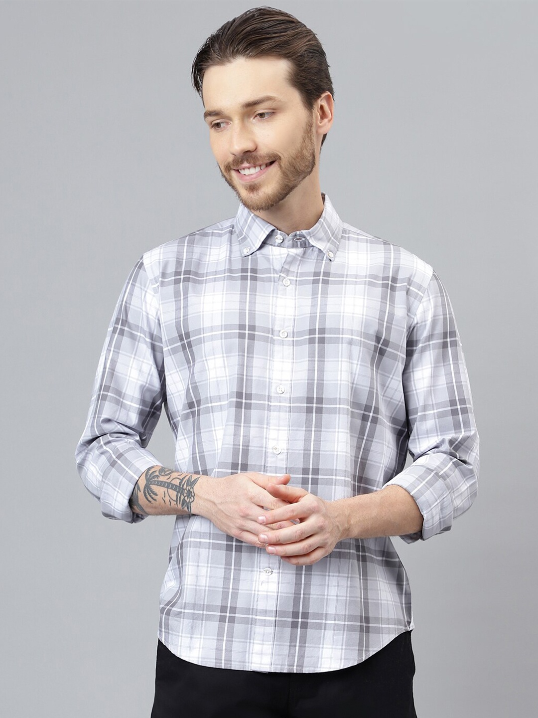 

Woodland Tartan Checked Button-Down Collar Pure Cotton Casual Shirt, Grey