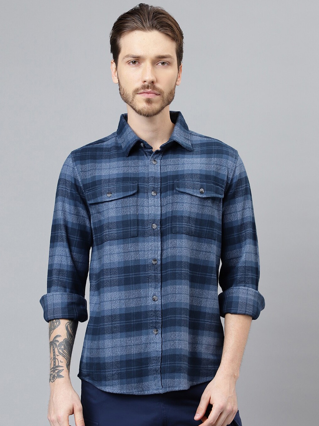 

Woodland Tartan Checked Long Sleeves Flannel Pure Cotton Casual Shirt, Blue