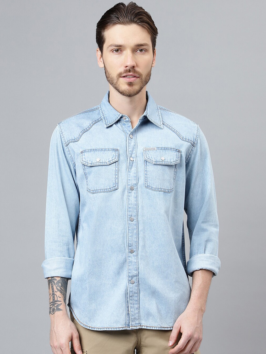 

Woodland Faded Denim Weave Pure Cotton Casual Shirt, Blue