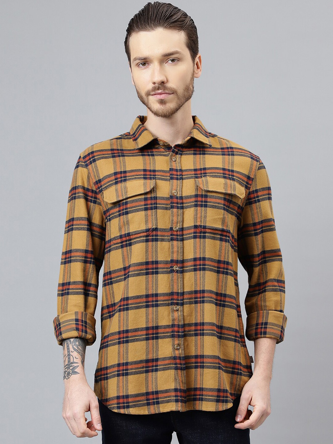 

Woodland Tartan Checks Checked Pure Cotton Casual Shirt, Mustard