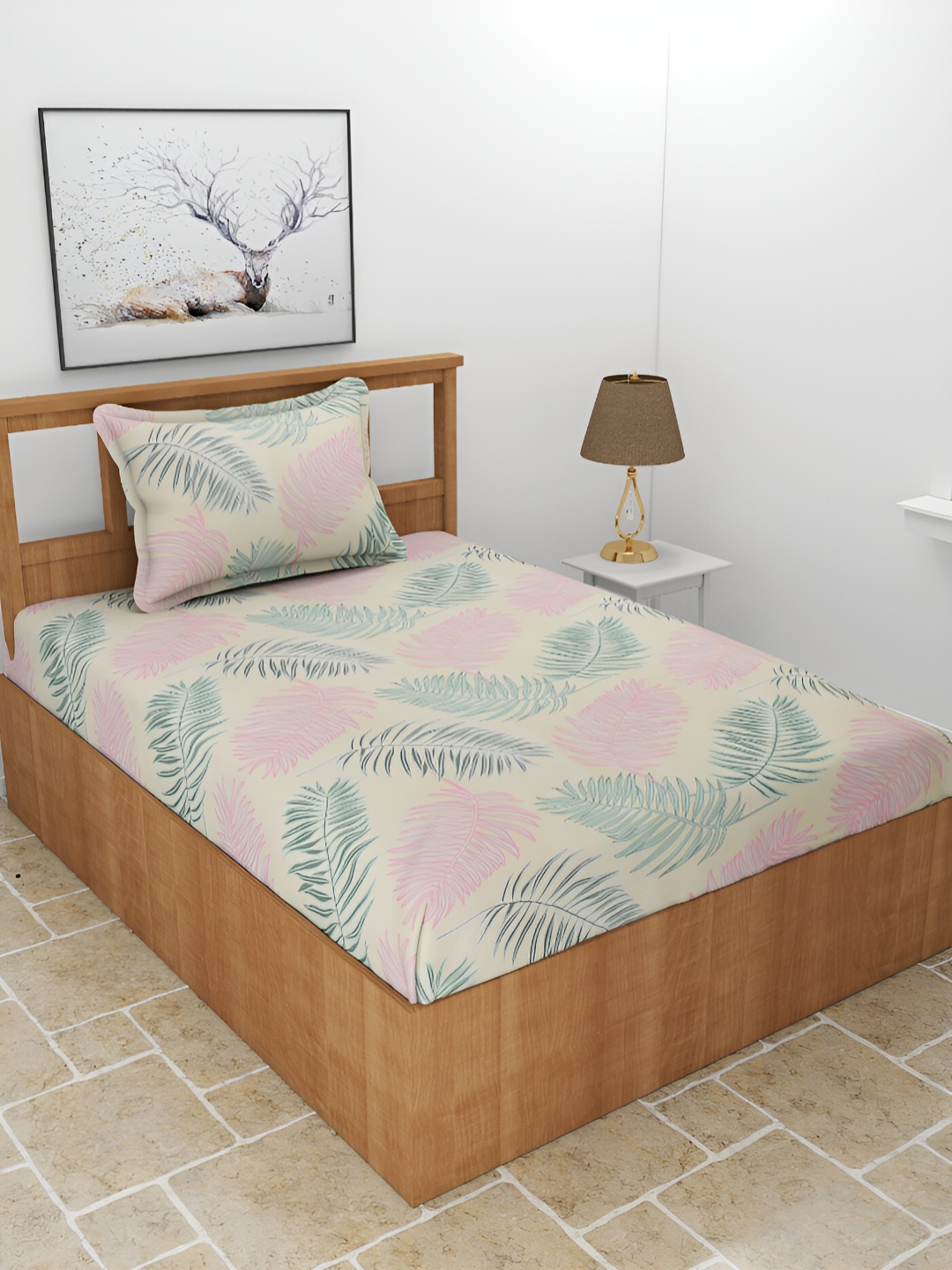 

BREVARD Cream Floral 210 TC Single Bedsheet with 1 Pillow Cover