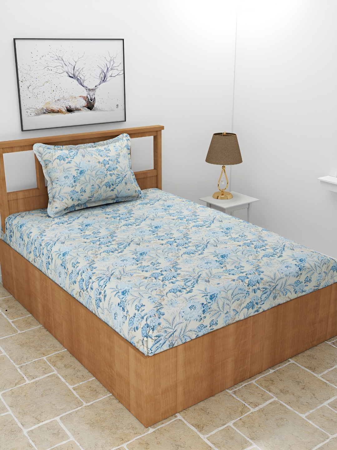 

BREVARD Blue Floral 210 TC Single Bedsheet with 1 Pillow Cover