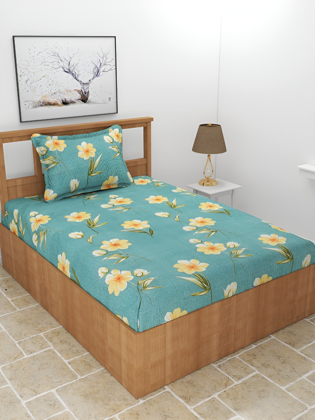 

BREVARD Teal Green Floral 210 TC Single Bedsheet with 1 Pillow Cover