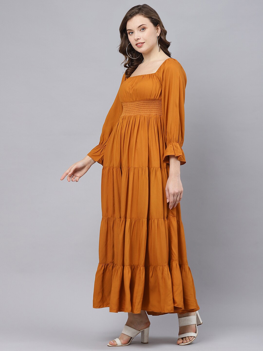 

DEEBACO Solid Rayon Square Neck Maxi Dress, Mustard