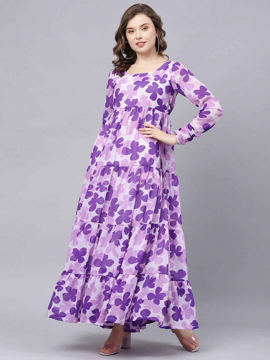 

DEEBACO Floral Georgette Round Neck Maxi Dress, Lavender