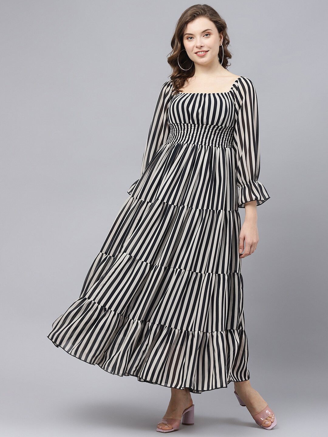 

DEEBACO Women Striped Square Neck Georgette Maxi Dress, Off white