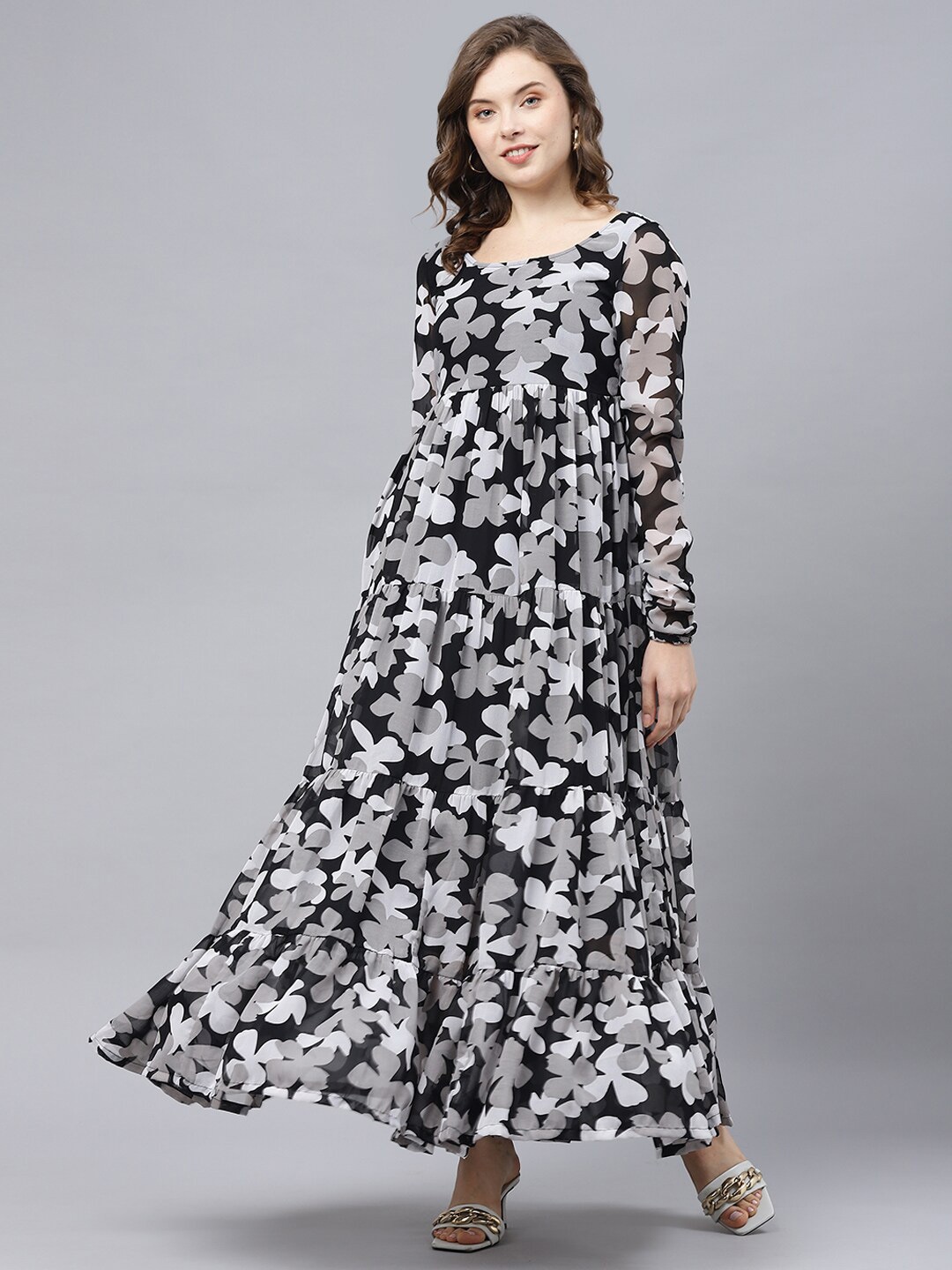 

DEEBACO Floral Printed Georgette Round Neck Maxi Dress, Black