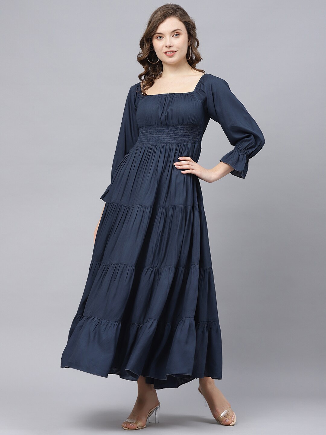 

DEEBACO Women Solid Square Neck Viscose Rayon Maxi Dress, Navy blue